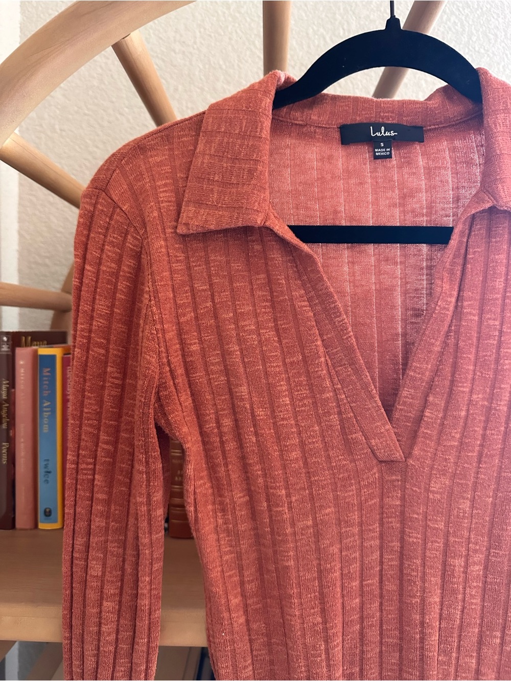 Lulu's Collared V-Neck Ribbed Bodysuit in Rust Orange